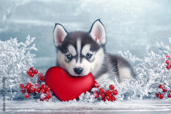 Fototapeta A playful husky pup rests in a magical winter scene, with sparkling frozen berries and a bright red heart pillow bringing Valentine’s charm to the snow.