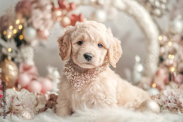Fototapeta This sweet pup enjoys the finer things, nestled in a lavish scene with soft fabrics and an opulent backdrop fit for royalty.
