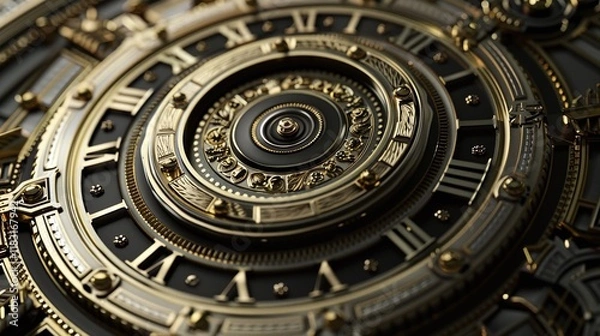 Obraz Close up view of an intricate precision engineered vintage clockwork mechanism with brass details and classic Roman numerals