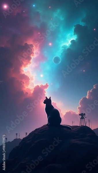 Fototapeta Silhouette of a Cat Gazing at a Vibrant Cosmic Sky with Moon and Stars, Stunning Starry Galaxy Background Perfect for Phone Wallpaper