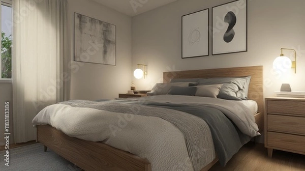 Fototapeta A cozy Nordic bedroom with a large wooden bed, soft textiles, and minimalist Scandinavian artwork.