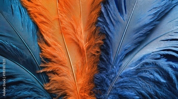Fototapeta Orange and blue feathers placed side by side in a vibrant close-up, their contrasting colors forming a harmonious and eye-catching visual