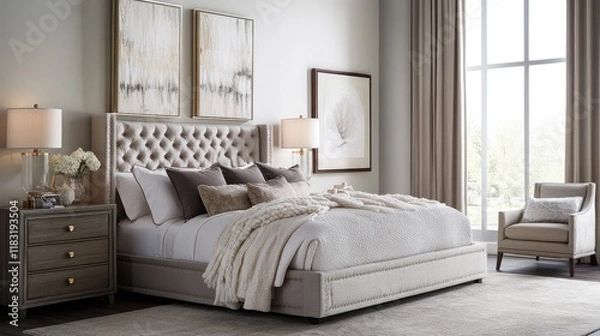 Fototapeta A luxurious bedroom suite with a soft color palette, plush bedding, and contemporary furniture pieces for a relaxing retreat.