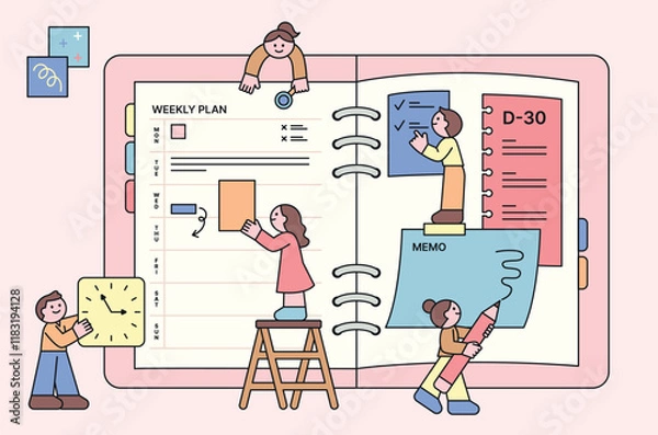 Obraz Cute people are spreading out giant diaries and making plans. They are sticking notes and managing their to-dos. outline character vector illustration.