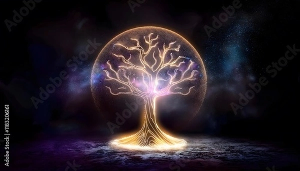 Fototapeta Goal of life, growth and motivation: Tree of life glowing with golden light, spiritual growth.