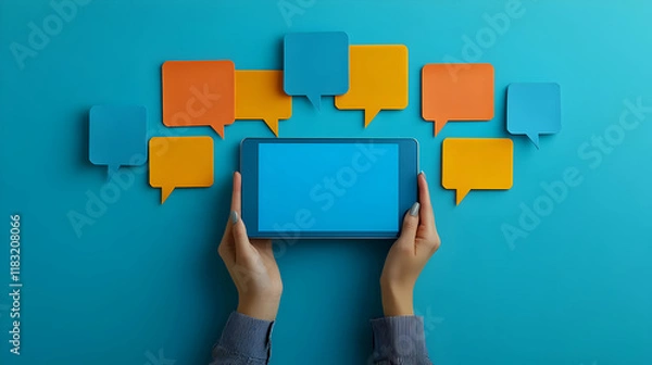 Fototapeta Digital Communication,  Tablet displays multiple messages in vibrant colors,  signifying active online discussions and interactions.