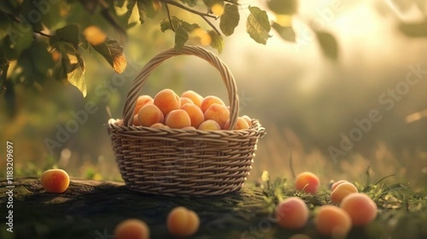 Fototapeta A vibrant apricot sits in a delicate basket, surrounded by hints of greenery.