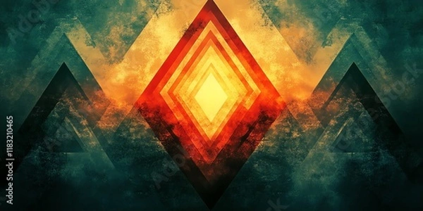 Fototapeta Abstract Geometric Artwork: Fiery Diamond within Teal Mountains