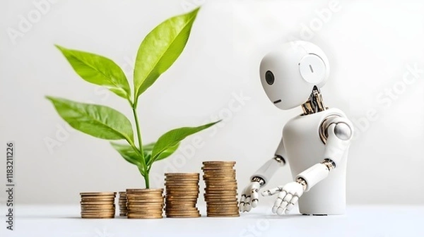 Fototapeta Robot with Coins and Plant Symbolizing Growth and Innovation, Generative AI.