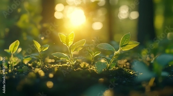 Fototapeta Fresh green shoots pushing through the soil, illuminated by soft sunlight, symbolizing new growth, vitality, and renewal in nature. Close-up of vibrant sprouts emerging from the earth, evoking hope.