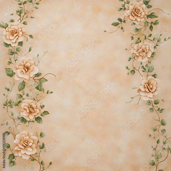 Obraz Elegant floral wallpaper design featuring soft peach roses and green leaves