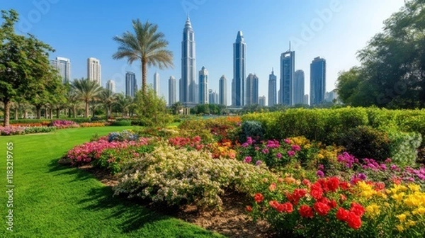 Fototapeta Zabeel Park with Dubai Frame in the background, vibrant greenery, 