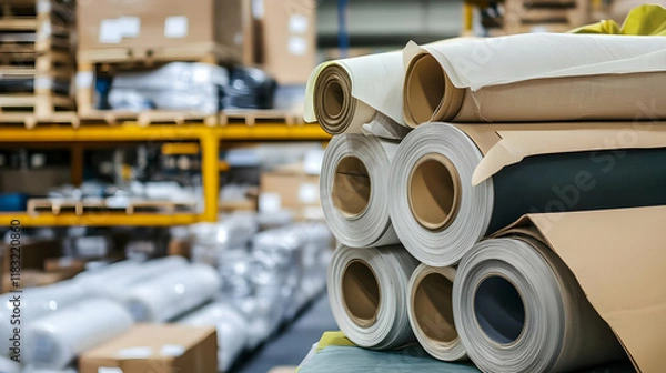 Obraz Rolls of fabric and paper in warehouse storage.