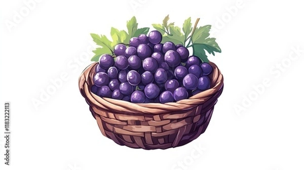 Fototapeta a 2D cartoon illustration of a fresh basket of grapes, farm-to-market, white background--ar 16:9