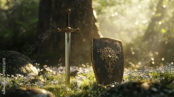 Fototapeta Medieval sword and shield on the forest