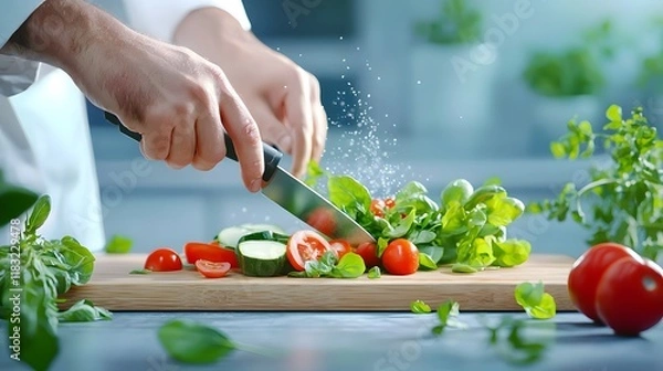 Fototapeta A chef's hands skillfully chopping colorful vegetables with a sharp knife on a clean wooden board. The kitchen is bright, tidy, and filled with stainless steel tools.