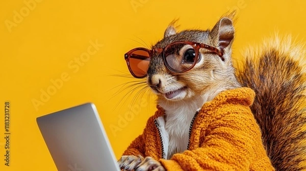 Obraz Squirrel in Sweater Uses Laptop