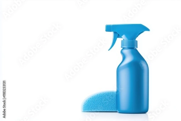 Fototapeta A blue spray bottle and sponge are displayed on a clean background, symbolizing cleaning and household maintenance.