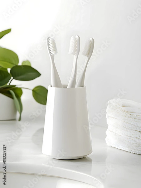 Obraz Organized toothbrush holder with three white toothbrushes, perfect for bathroom storage. sleek design complements modern decor, enhancing cleanliness and style