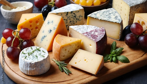 Obraz A close-up photo of an assortment of delicious cheeses, beautifully arranged on a wooden board , cheese, national cheese day