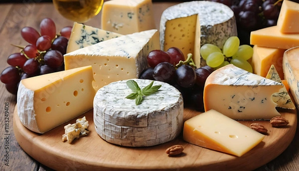 Obraz A close-up photo of an assortment of delicious cheeses, beautifully arranged on a wooden board , cheese, national cheese day