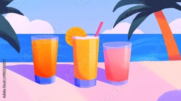 Fototapeta Tropical smoothie bar by the beach with colorful drinks and palm trees.