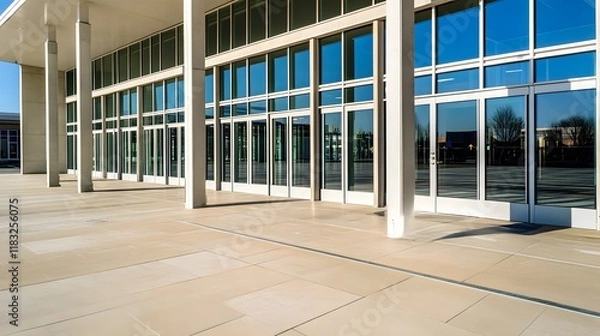 Fototapeta Modern European shop exterior with sleek architectural design, neutral tones, and abundant copy space, highlighted by natural light and a clean, minimalistic aesthetic