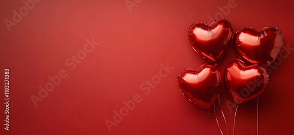 Fototapeta The image showcases a row of red metallic heart balloons against a deep red background.Valentine's Day decor