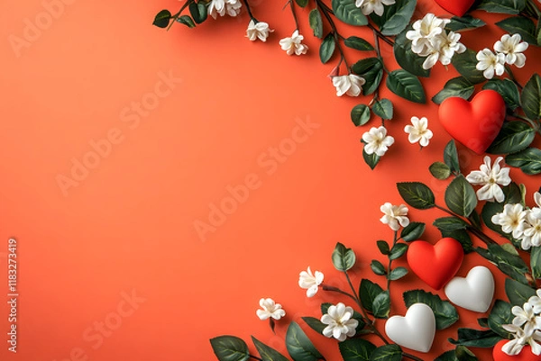 Fototapeta The image depicts an orange background adorned with white flowers, green leaves, and colorful hearts.valentine's day background.