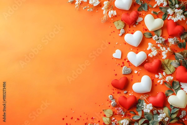 Fototapeta The image depicts an orange background adorned with white flowers, green leaves, and colorful hearts.valentine's day background.