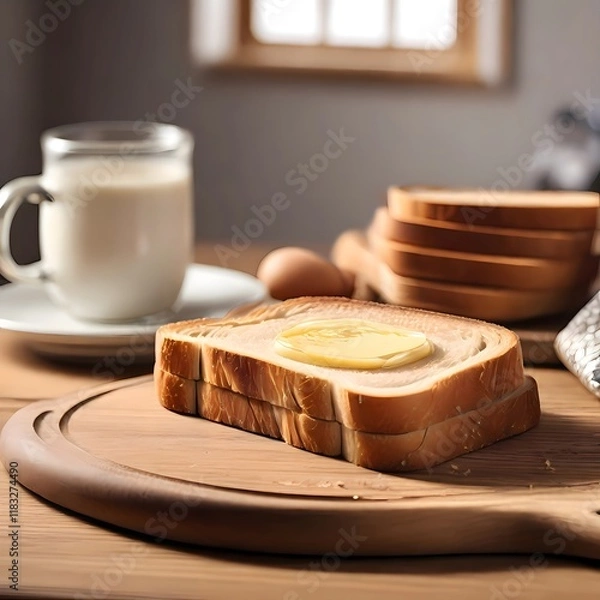 Fototapeta cup of milk and toast bread sandwich with butter 