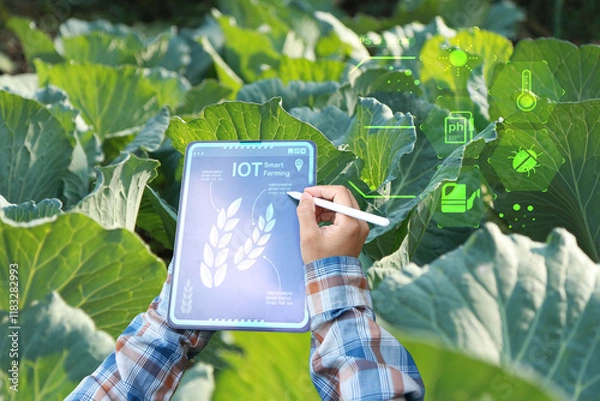 Fototapeta Smart farmer or organic farming Check quality control of fresh green vegetable products Concept of digital information technology for smart agriculture
