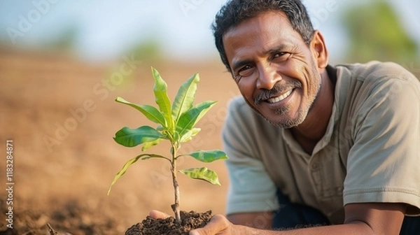 Fototapeta 나무 모종을 들고 웃고 있는 농부, 흙밭 배경