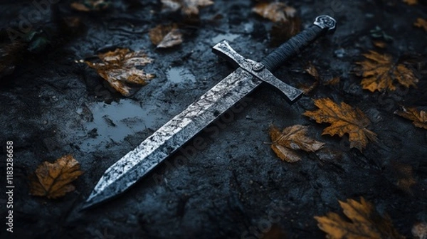 Fototapeta Rusted medieval dagger on the ground with dry leaf