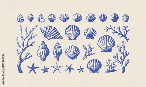 Fototapeta Sea life seamless pattern with shell and starfish of illustration, Sea shells vector seamless pattern, Set of sea and ocean underwater animals., easily editable.