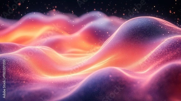 Fototapeta Abstract, colorful waves of light create a mesmerizing, flowing landscape, suggesting movement and depth in a digital realm.