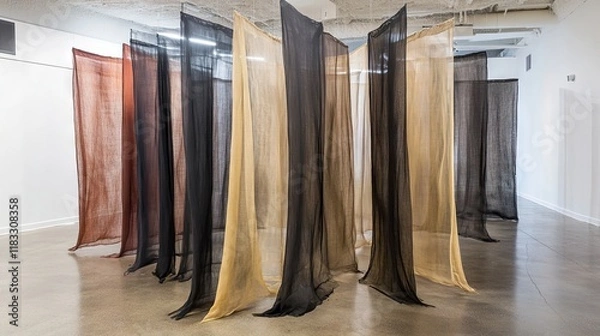 Fototapeta Sheer fabric panels dyed in earthy tones, hung in a gallery as part of an art installation.