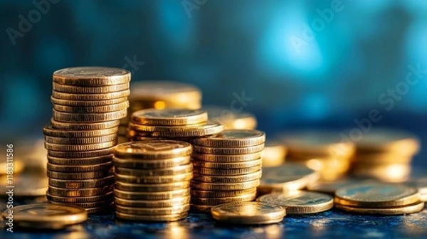 Fototapeta Gold coin stacks with a blue bokeh background, evoking prosperity and wealth