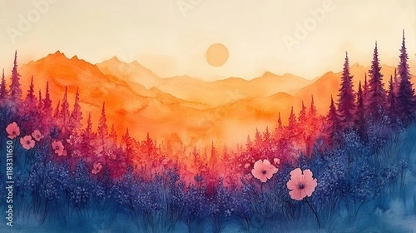Fototapeta A serene landscape showcases vibrant mountains and a sunset, framed by colorful flowers and lush forest, evoking tranquility and natural beauty.