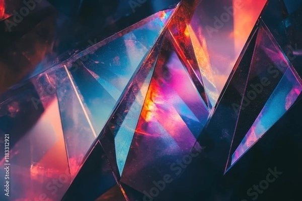 Fototapeta Abstract vibrant crystals, illuminated, dark background, digital art, website design
