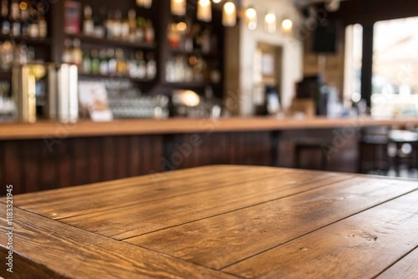 Fototapeta Wooden top with blurred empty coffee shop background can be used for mocking up or display product to make advertising.