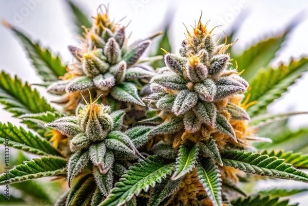 Fototapeta Panoramic Close-up of Cannabis Buds with Trichomes on White Background