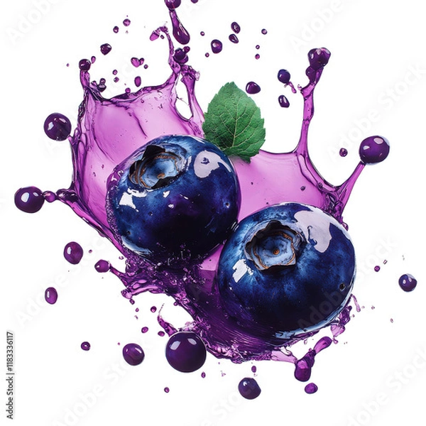 Fototapeta Fresh blueberries splashing in vibrant purple juice, isolated on white background.
