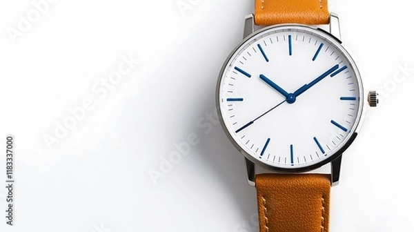 Fototapeta Stylish wristwatch with tan leather strap and white face, isolated on white background.