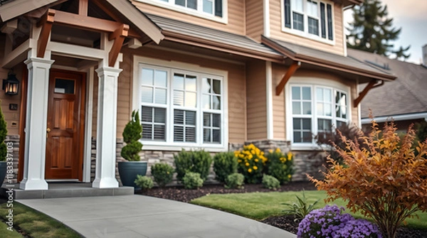 Fototapeta Two-Story House with Landscaping and Walkway