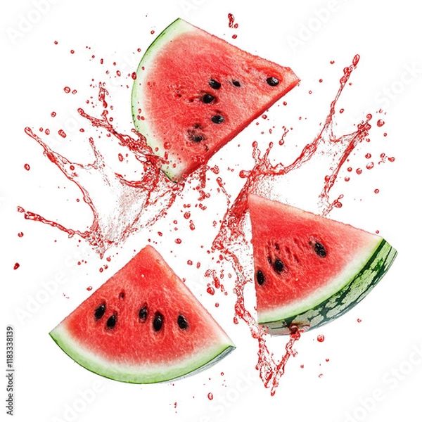 Fototapeta Fresh watermelon slices splashing juice, vibrant and appetizing, on a white isolated background.
