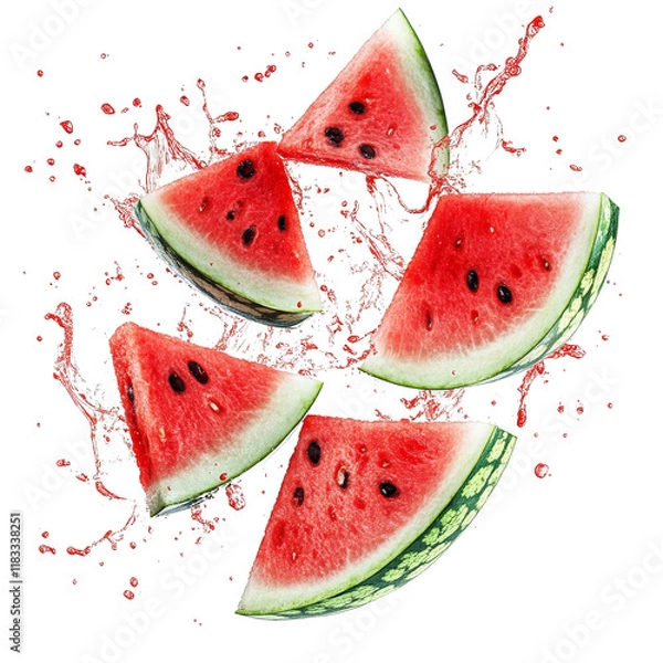 Fototapeta Fresh watermelon slices with splashes of juice, isolated on a white background.