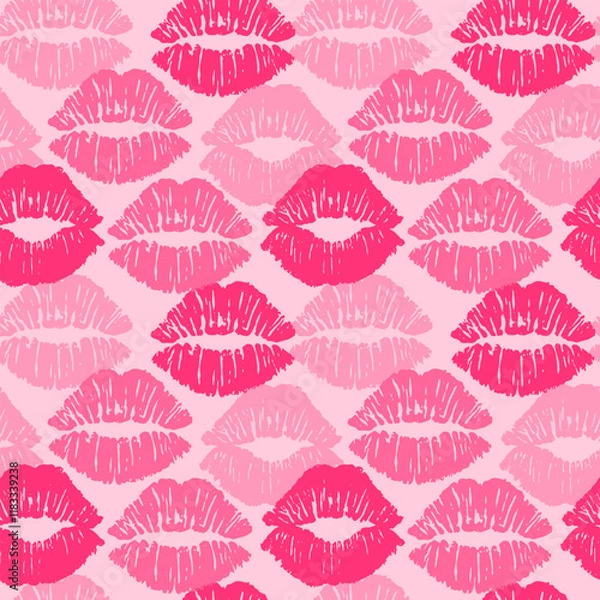 Obraz Female different colors lipstick kiss isolated on pink background. Vector seamless pattern. Girly camouflage.