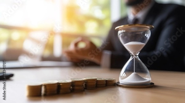 Obraz A close-up of an hourglass with coins, symbolizing the relationship between time and money in a business context.