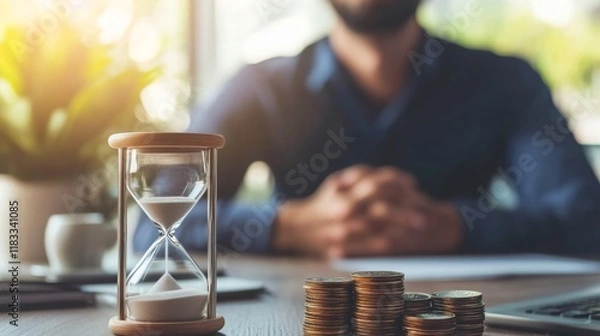 Obraz A businessman sits at a desk with an hourglass and coins, symbolizing time management and financial planning.